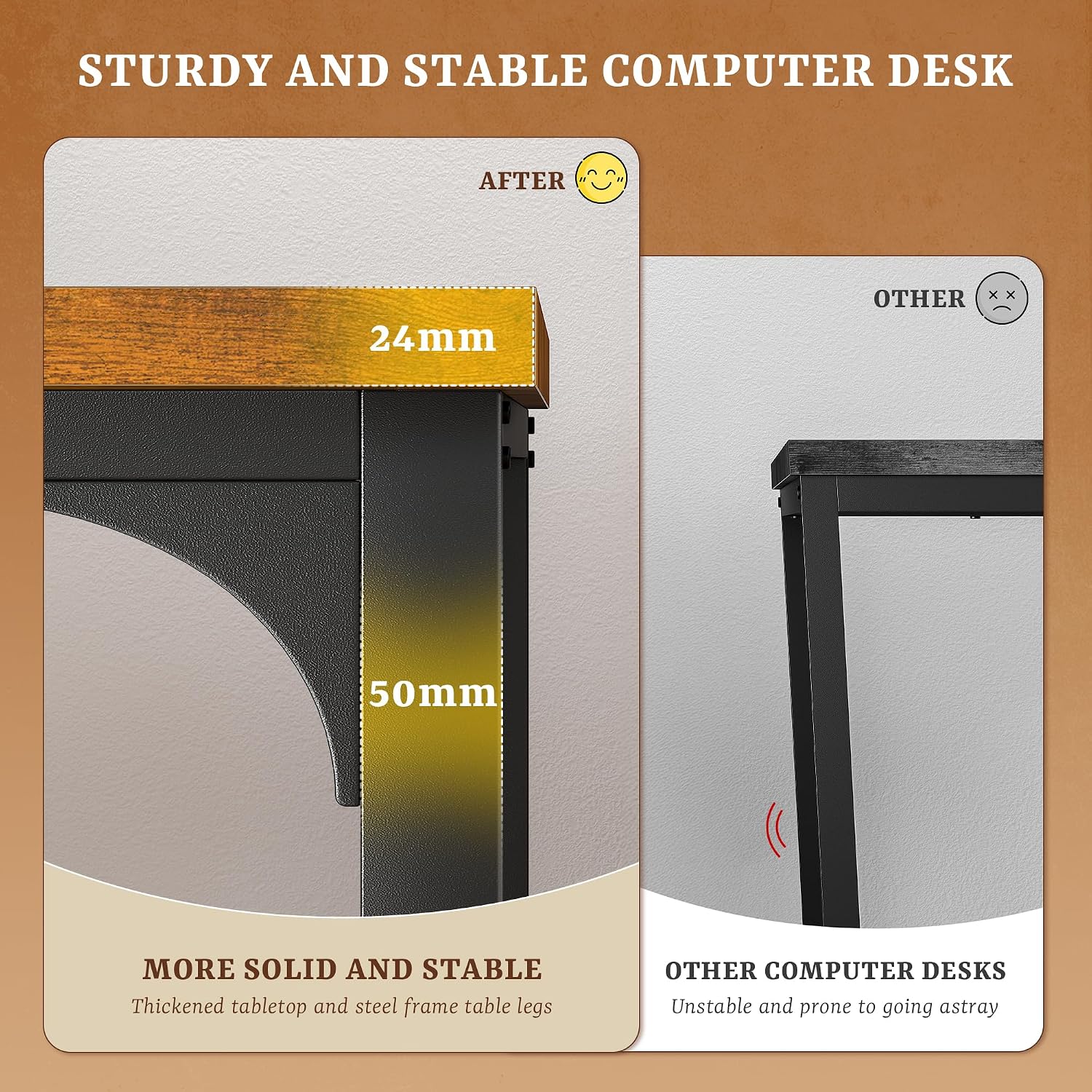 DurayLoly 47 Inch Small Computer Desk with Power Outlets & LED Lights, Storage Bag & Headphone Hook, Space-Saving Office Desk for Home Office or Study, Sturdy Writing Table for Professionals, Brown