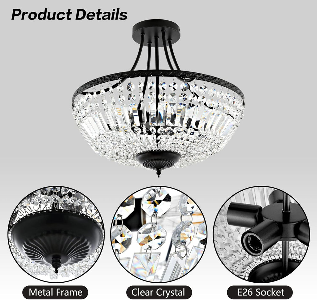 WINGBO 19.5 Inch Crystal Ceiling Light Fixture, 5-Light Raindrop Semi Flush Mount Chandelier, Modern Round Close to Ceiling Hanging Light for Living Room Dining Room Bedroom Hallway, Black