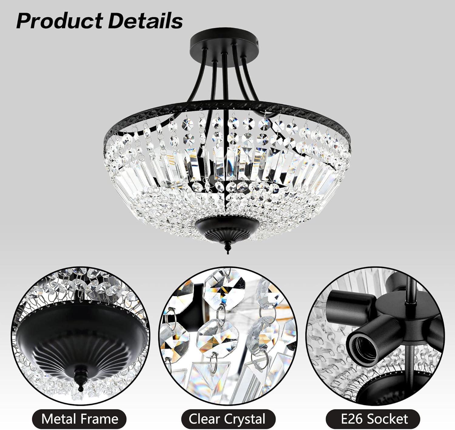 WINGBO 19.5 Inch Crystal Ceiling Light Fixture, 5-Light Raindrop Semi Flush Mount Chandelier, Modern Round Close to Ceiling Hanging Light for Living Room Dining Room Bedroom Hallway, Black