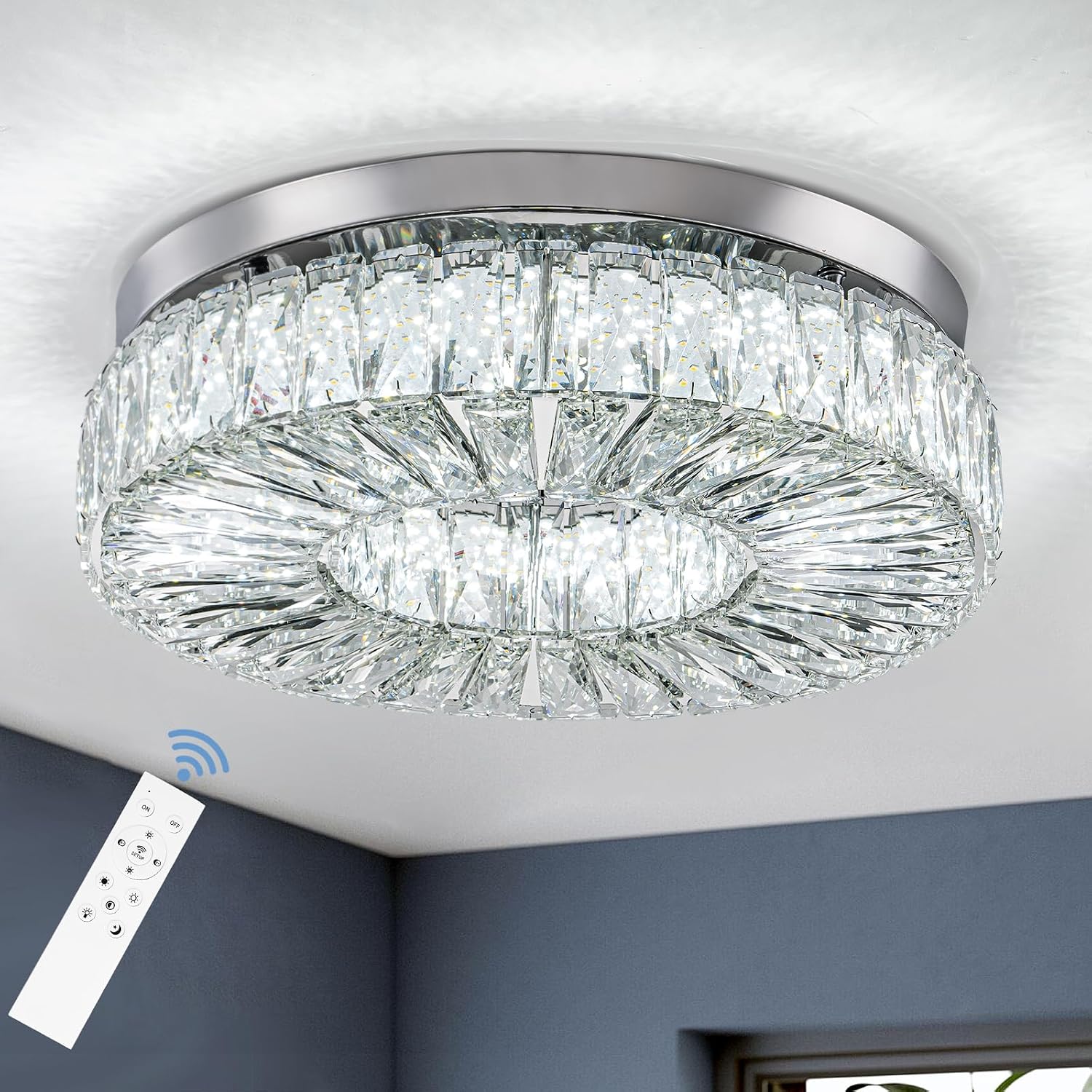 16.5 Inch Dimmable Chandelier with Remote Control LED Crystal Chandelier Modern Flush Mount Ceiling Light Fixtures for Living Room Bedroom Dining Room Entrance (dimmable-16.5')