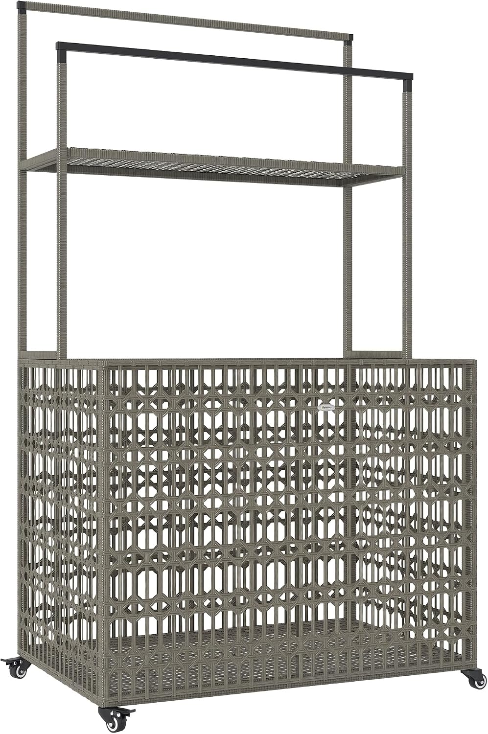 Outsunny Wicker Pool Float Storage Organizer, PE Rattan Pool Float Holder with Basket Shelf Towel Bars, Rolling Pool Caddy for Floaties, Noodles, Life Vests, Beach Balls, Mixed-Gray