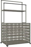 Outsunny Wicker Pool Float Storage Organizer, PE Rattan Pool Float Holder with Basket Shelf Towel Bars, Rolling Pool Caddy for Floaties, Noodles, Life Vests, Beach Balls, Mixed-Gray