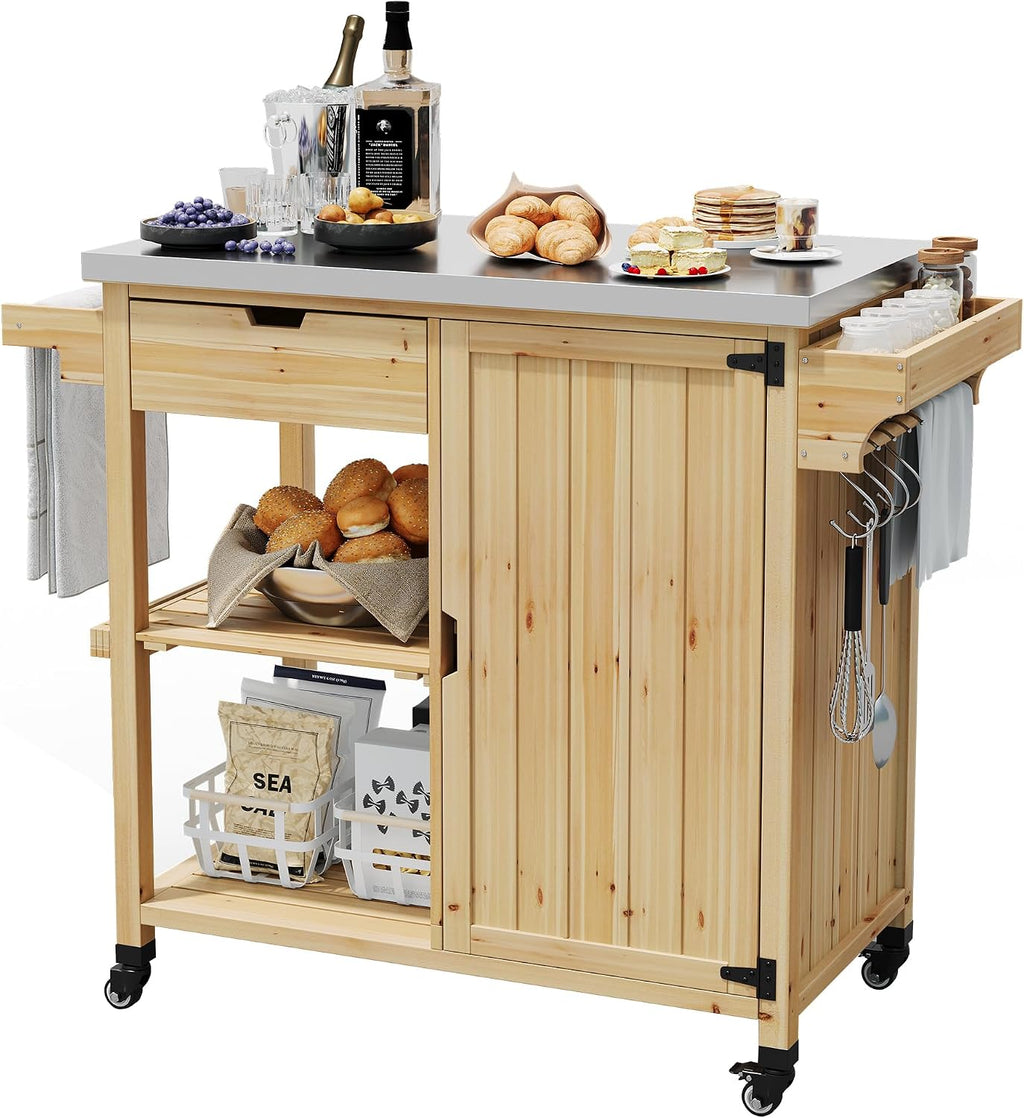 Solid Wood Outdoor Grill Cart Storage Cabinet Outdoor Grill Cart, BBQ Cart Prep Table with Stainless Steel Top, Drawer, & Open Shelves, Portable Rolling Kitchen Island for Patio, Garden, Backyard