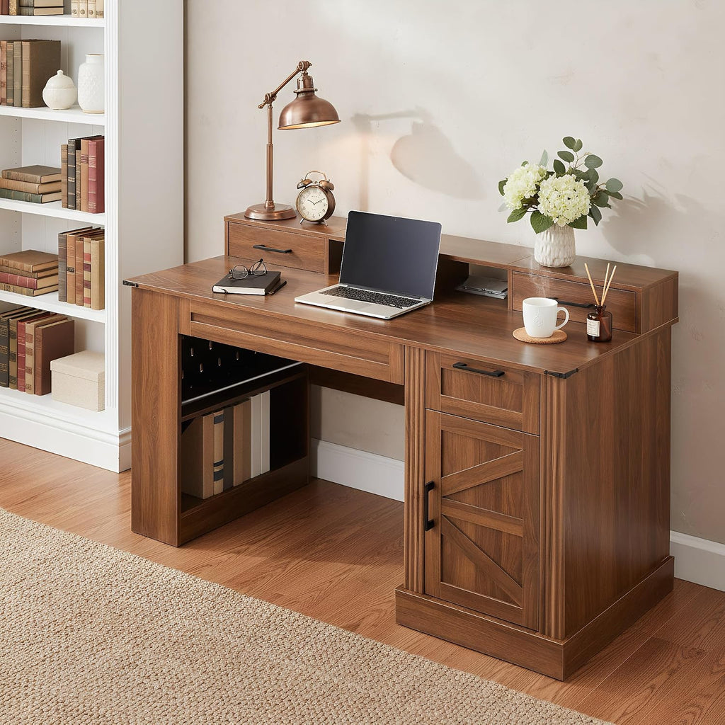 55' Farmhouse Computer Desk with Power Outlets, Removable Monitor Stand with Drawers, Convertible Keyboard Tray & Storage Cabinet, Home Office Writing Desk with Pegboard Organizer