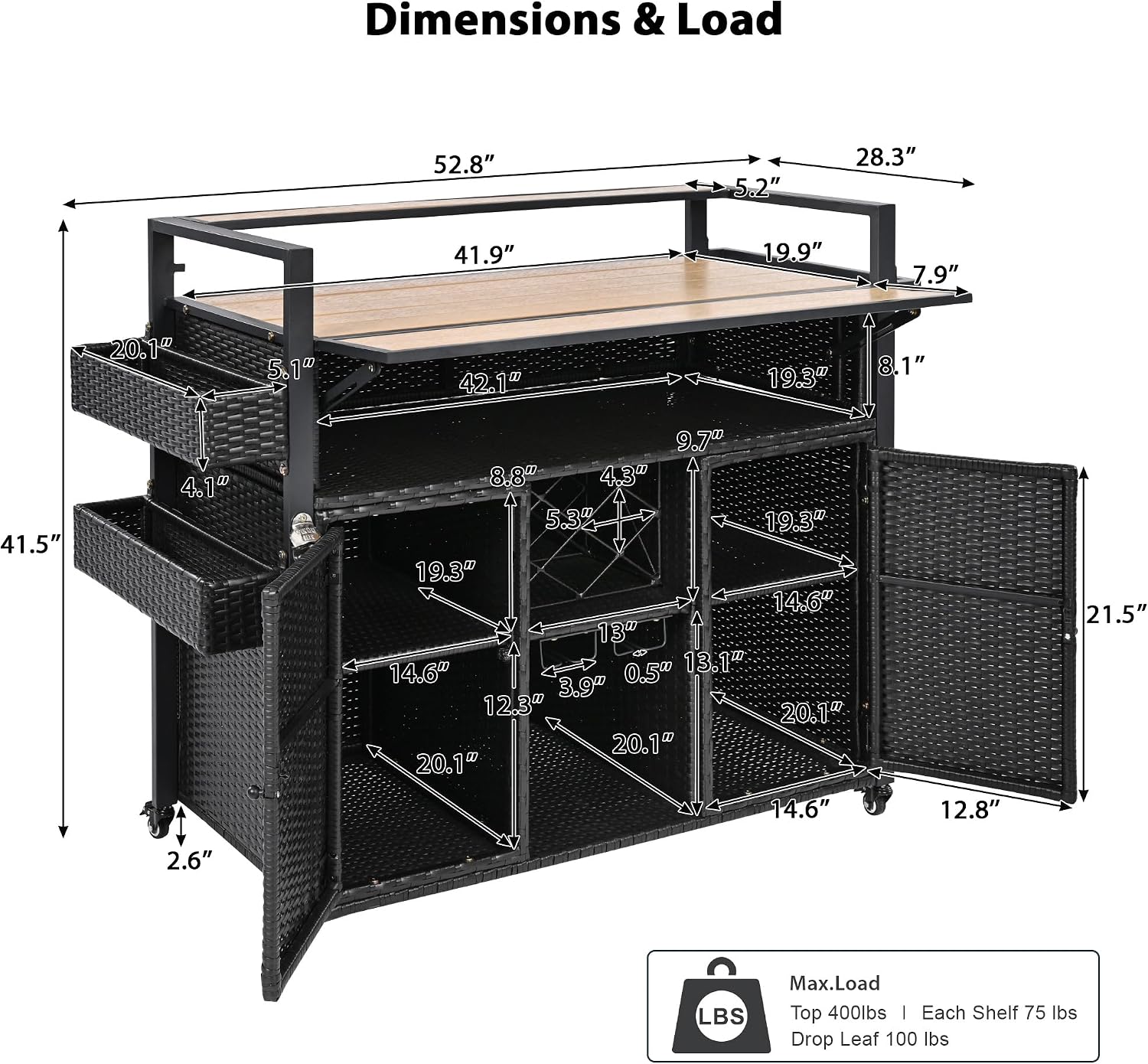 52.8' W Wicker Outdoor Bar Cart Table with Extended Plastic Wood Table Top, Outdoor Grill Cart with Large Storage Cabinet, for Patio Backyard Garden Poolside, Double Handle Design, Black