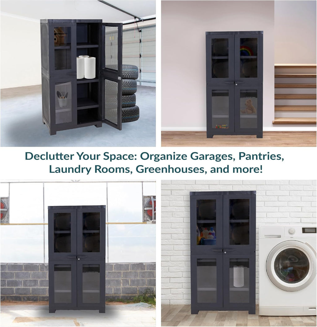 Sunnydaze 48.75' H Resin Garage Storage Cabinet - Garage Cabinet with 4 Acrylic Glass Doors - Freestanding Utility Storage for Laundry Room, Office, Basement - Charcoal