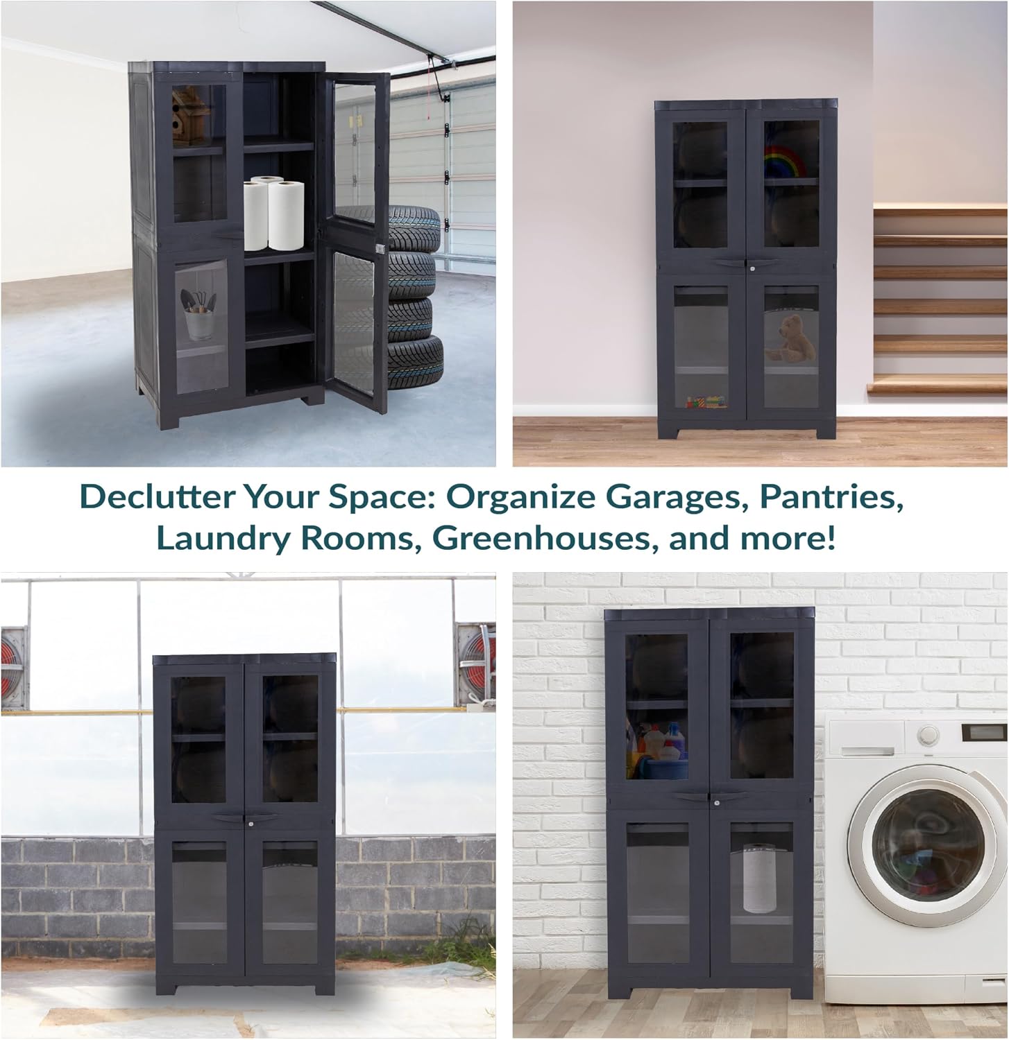 Sunnydaze 48.75' H Resin Garage Storage Cabinet - Garage Cabinet with 4 Acrylic Glass Doors - Freestanding Utility Storage for Laundry Room, Office, Basement - Charcoal