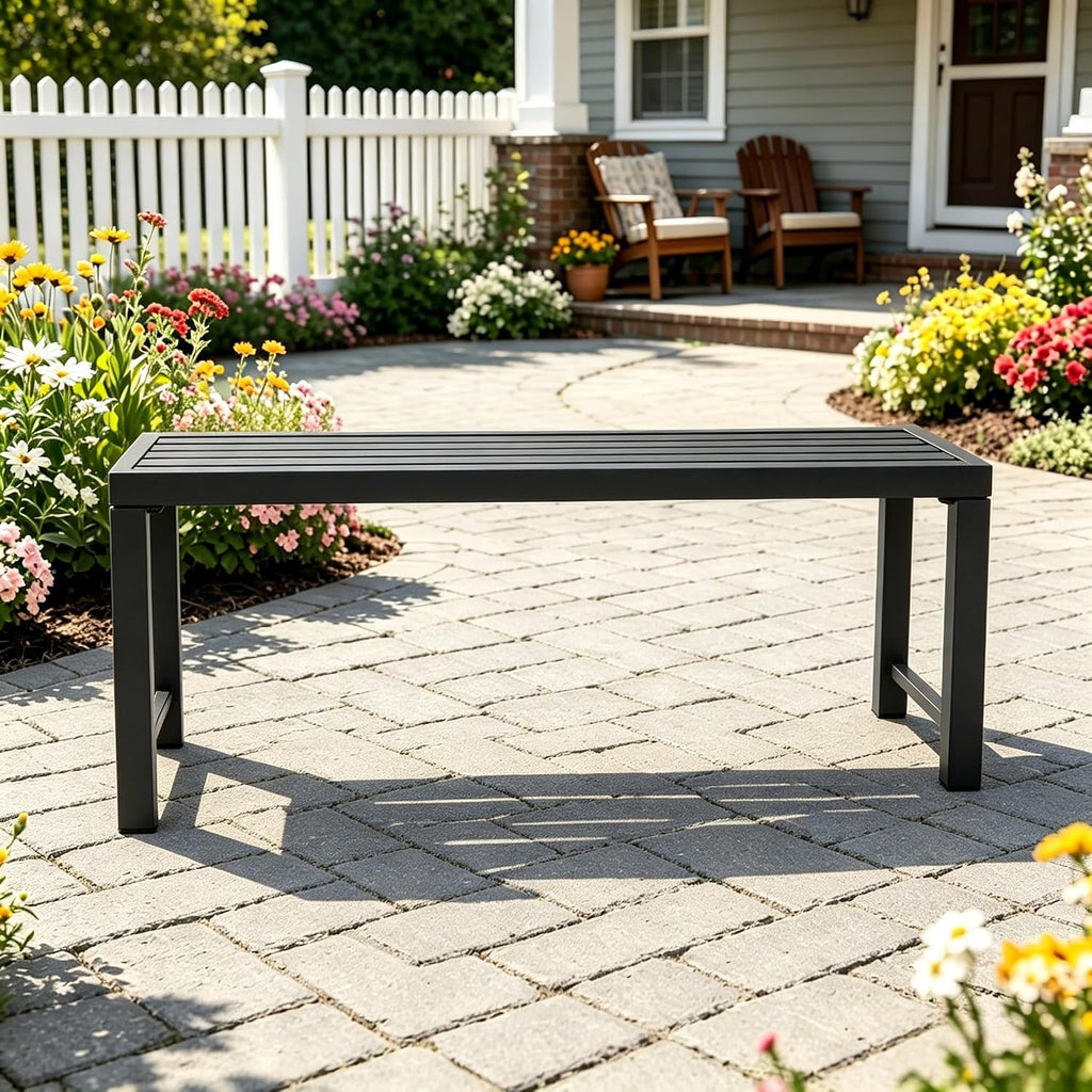46' Outdoor Metal Backless Bench Set of 2, All-Weather Patio Garden Bench for Backyard, Porch, or Lawn, Durable Steel Bench for Outdoor Spaces, Black
