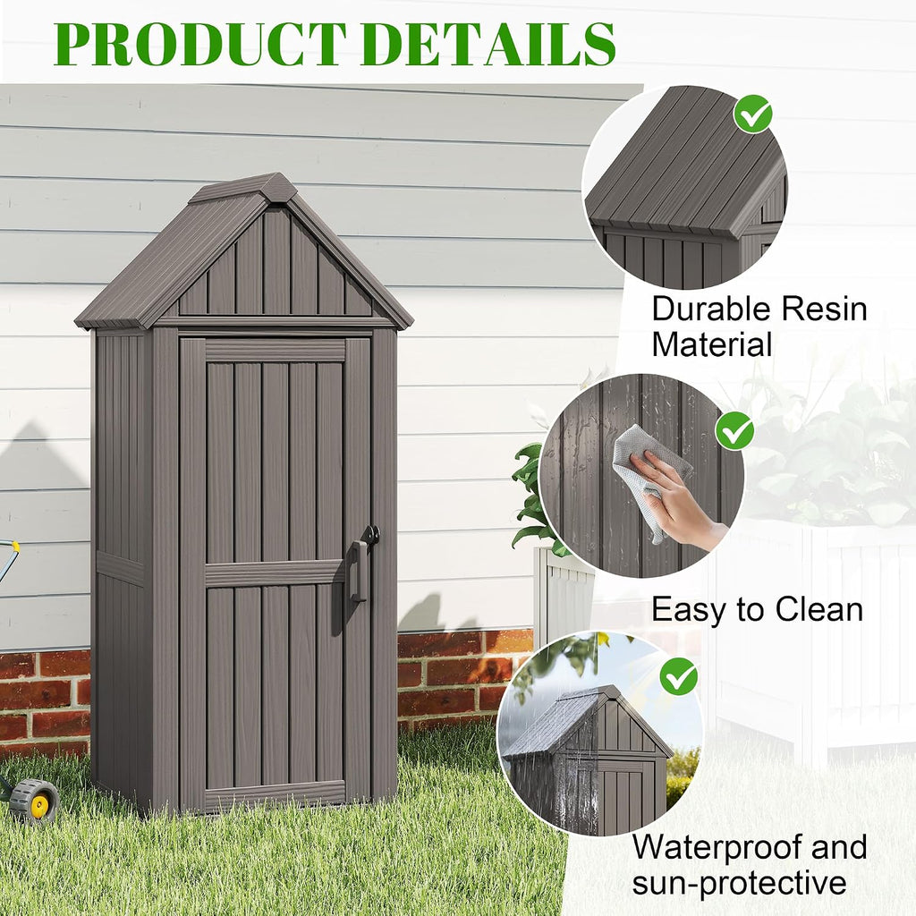 Vertical Outdoor Storage Shed, Waterproof Resin Outdoor Storage Cabinet with Removable Shelves & 12 Hooks, Lockable Small Tool Shed for Garden, Backyard, Patio, Pool, Gray
