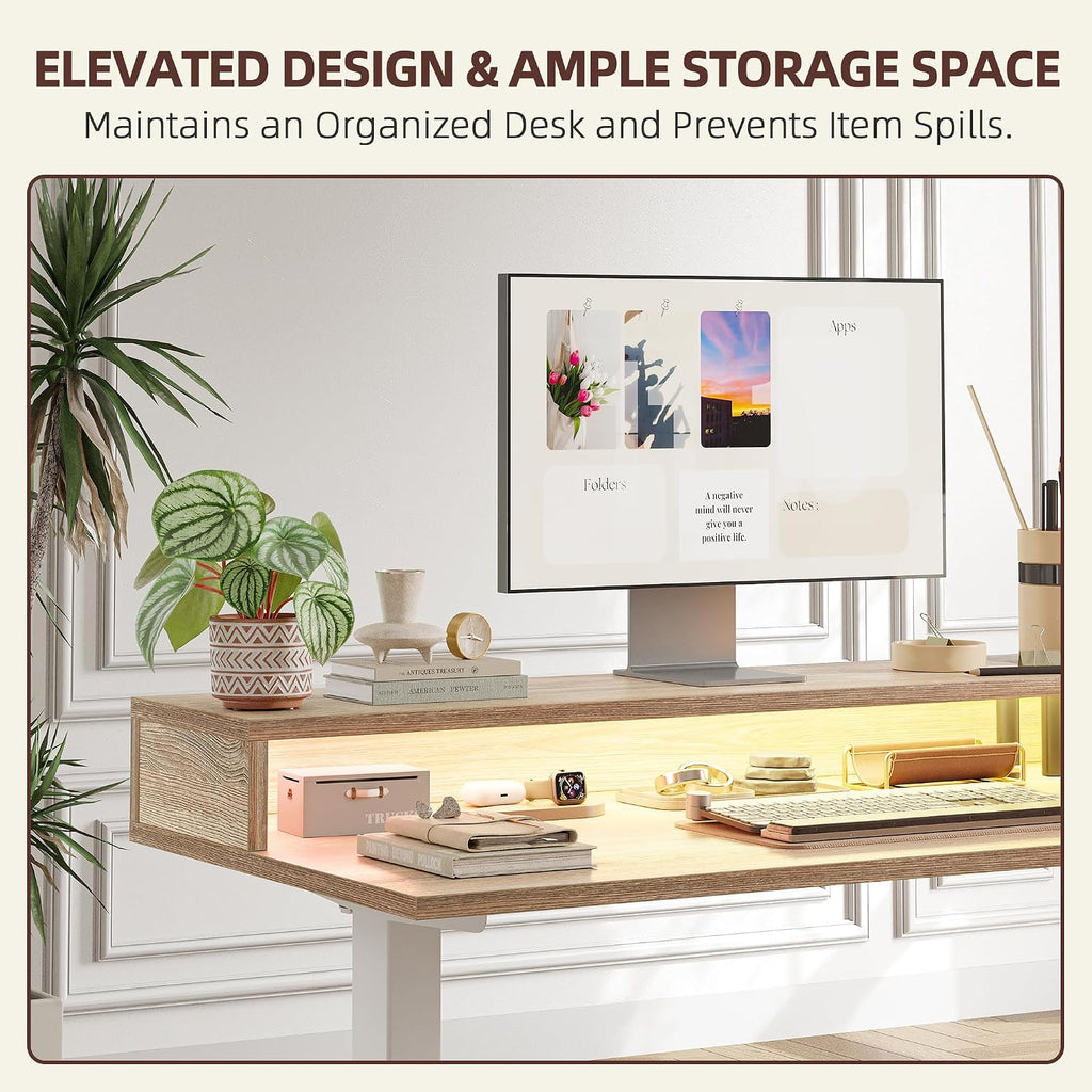 TIQLAB 63'' L-Shaped Standing Desk with LED Light Strip and Power Outlet, Height Adjustable Corner Table with Ergonomic Monitor Stand, Maple