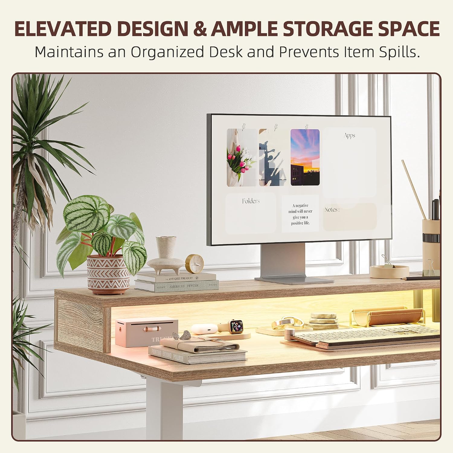 TIQLAB 63'' L-Shaped Standing Desk with LED Light Strip and Power Outlet, Height Adjustable Corner Table with Ergonomic Monitor Stand, Maple