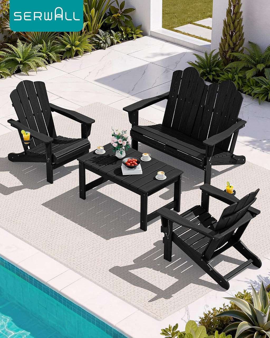 SERWALL 4 Pieces HDPE Patio Adirondack Chair Set, 2 Adirondack Chair with Cup Holder & 1 Adirondack Bench & 1 Coffee Table with Umbrella Hole, Black