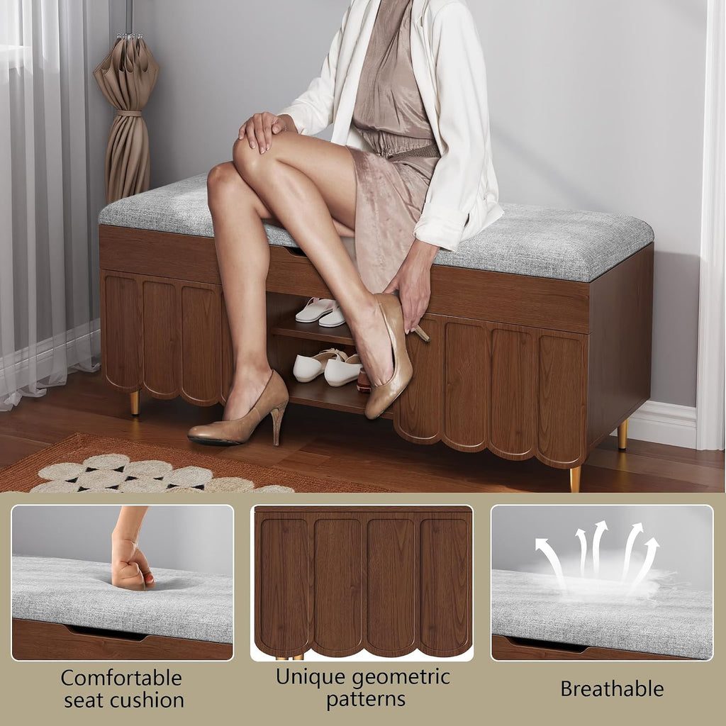 3More 40' Entryway Shoe Storage Bench,Upholstered Hidden Space Beneath Seat Cushion Bench,2-Tier Unique Geometric Shape with Wood Grain,Walnut