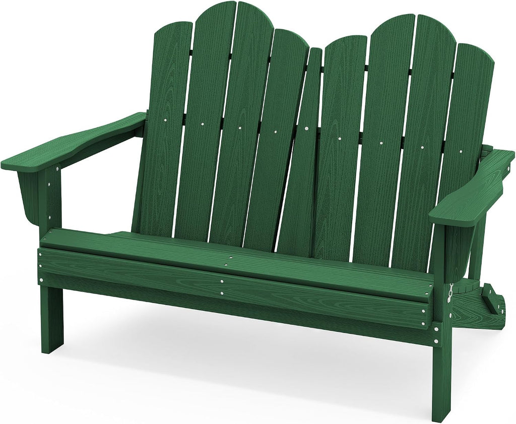 SERWALL Folding Adirondack Bench, HDPE All-Weather Adirondack Loveseat, 660 lbs Capacity, Foldable Outdoor Patio Bench for Deck, Lawn, Garden, Green