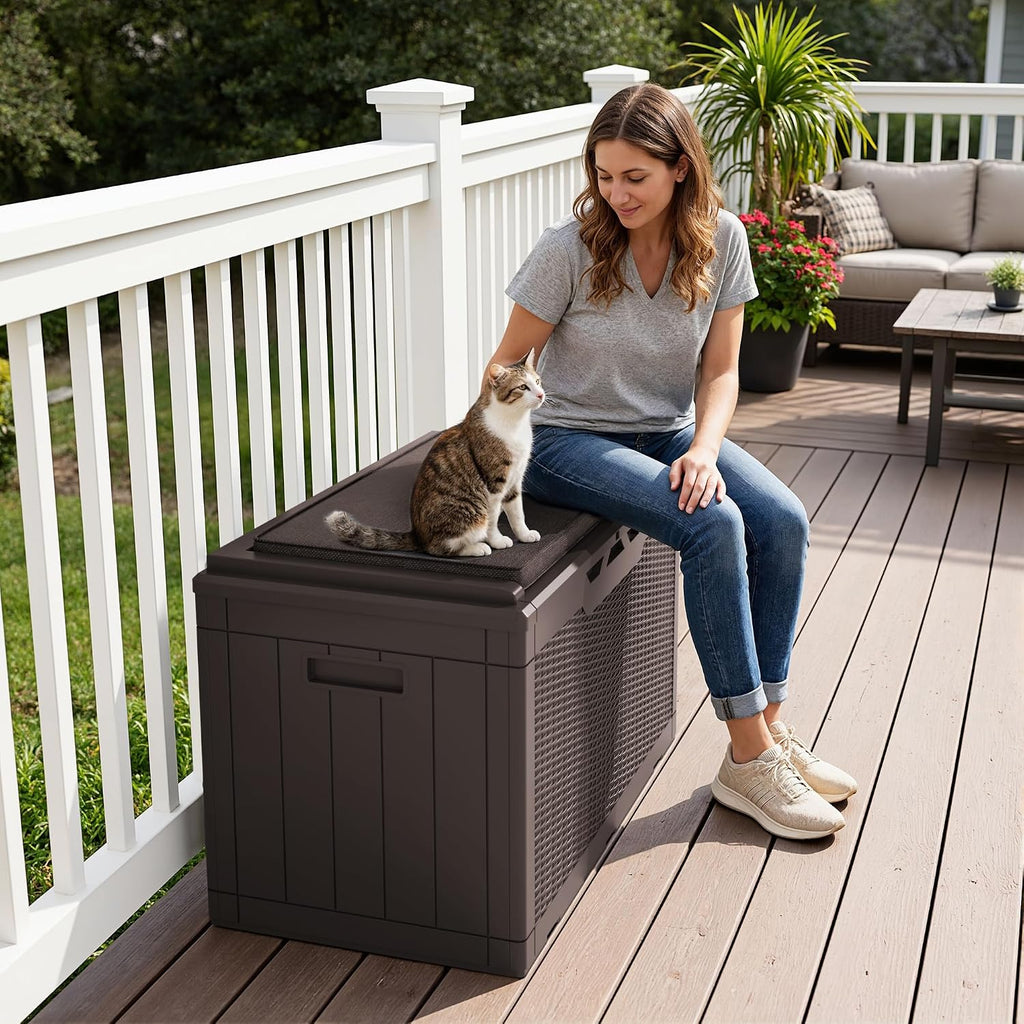 Greesum 100 Gallon Resin Deck Box Large Outdoor Storage Boxes with Cushions for Garden Tools, Patio Furniture Pillows, Pool Supplies, Dark Brown