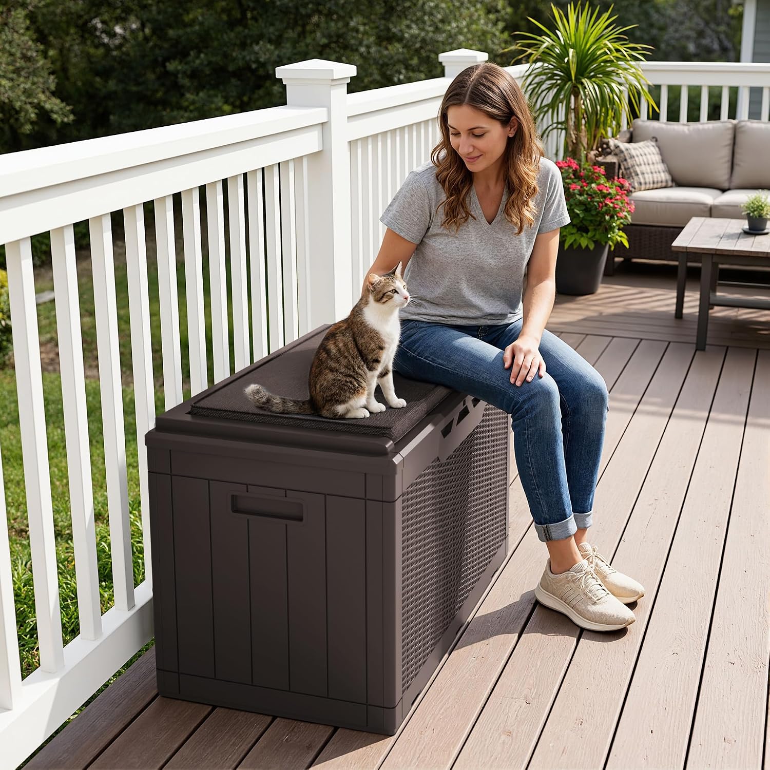 Greesum 100 Gallon Resin Deck Box Large Outdoor Storage Boxes with Cushions for Garden Tools, Patio Furniture Pillows, Pool Supplies, Dark Brown