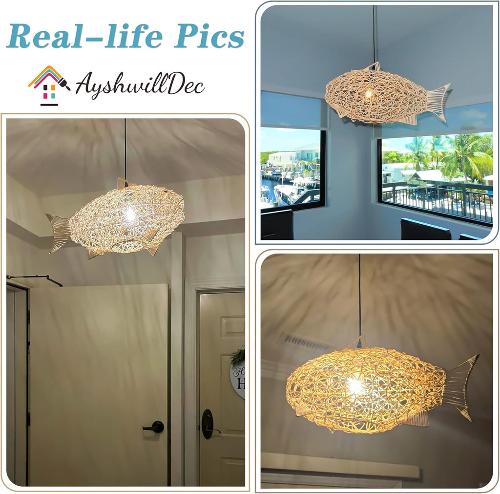 24 inch Fish-Shaped Rattan Woven Pendant Light Boho Chandelier Rustic Farmhouse Chandelier Rattan Light Fixture for Dining Room Living Room Bedroom Kitchen Foyer(Bulb Included)