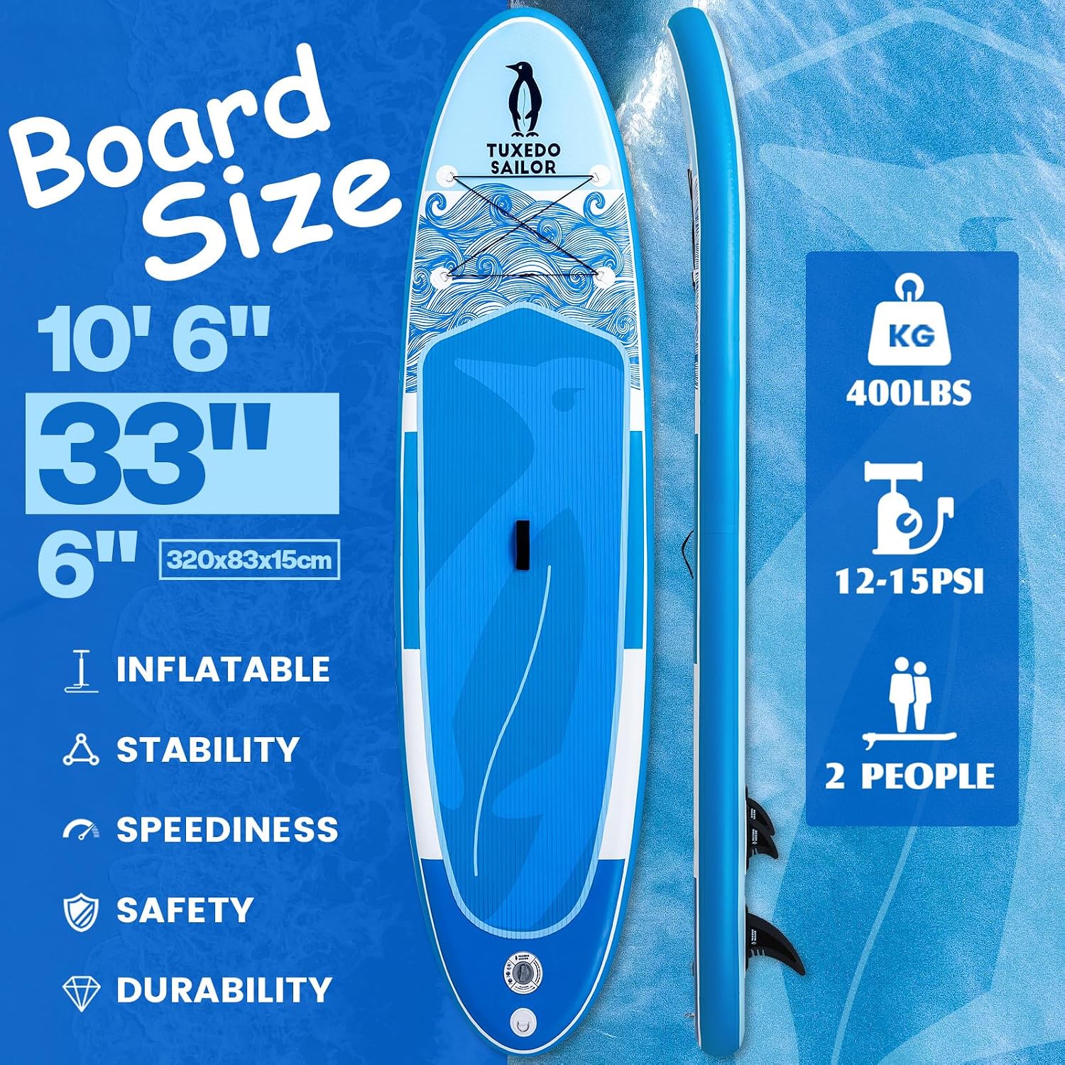 Tuxedo Sailor 10'6'×33'×6' Inflatable Stand Up Paddle Board with Premium SUP Accessories,Adults & Youth for All Skill Levels, Included with Board, Paddle, Pump, Fins, Backpack Blue Paddleboard