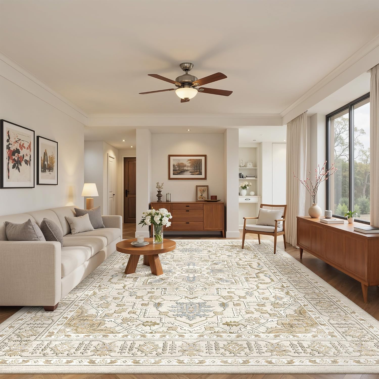 Area Rugs for Living Room - 9x12, Boho Non-Slip Low Pile Carpet Machine Washable Rugs for Bedroom Office, Dining Room (Beige)