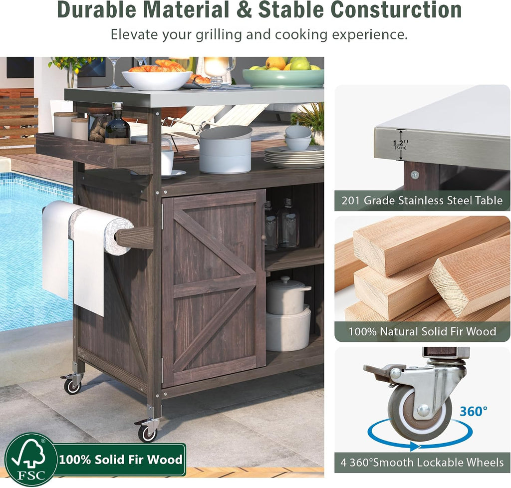 Ball & Cast Outdoor Kitchen Island,Rolling Bar Cart & Storage Cabinet,Farmhouse Solid Wood Outdoor Grill Table with Stainless Steel Top,Spice and Towel Rack,for Kitchen,Barbecue,Dark Brown,50.25'