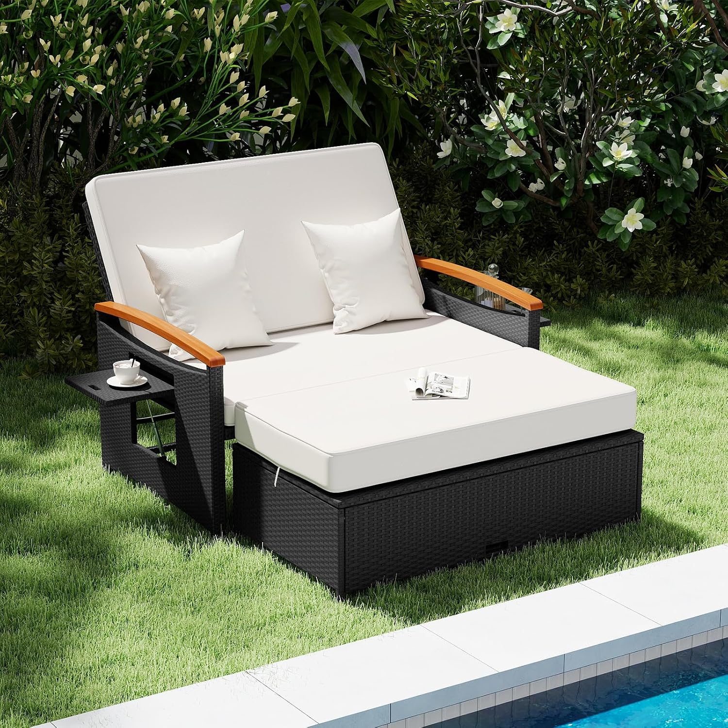 Tangkula Patio Rattan Daybed with 4-Level Adjustable Backrest, Outdoor Wicker Loveseat with Acacia Wood Armrest, Storage Ottoman & Folding Tray, Double Sunbed for Yard & Poolside (White & Black)