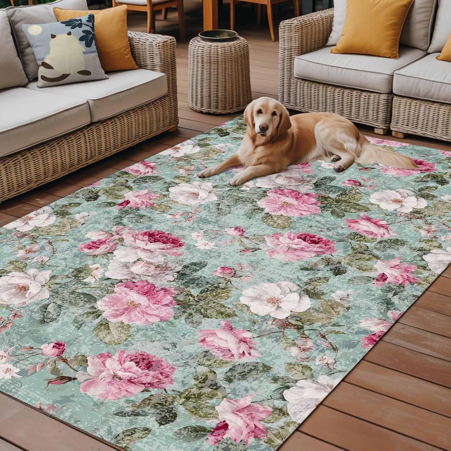 Vintage Spring Floral Outdoor Rug for Patio/Deck/Porch, Non-Slip Large Area Rug 6 x 9 Ft, Botanical Summer Pink Green Indoor Outdoor Rugs Washable Area Rugs, Reversible Camping Rug Carpet Runner