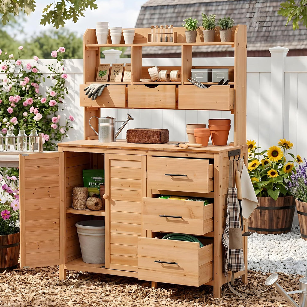 65' H Large Patio Potting Bench, Farmhouse Garden Workstation with 6 Drawers, Bottom Cabinet and Side Hook, Adjustable Shelf, Fir Wood Frame Outdoor Kitchen Island (Natural Wood/101)