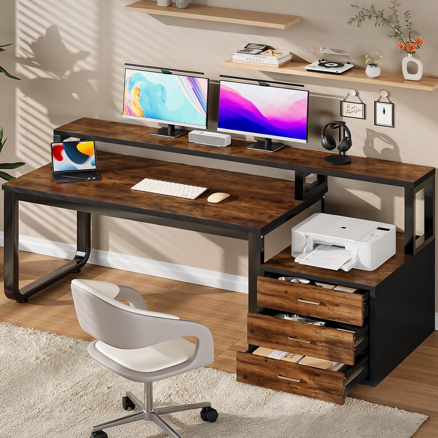 MaverickFurni 67'' Computer Desk with Drawers, Black Desk with Storage and Monitor Stand, Home Office Desk with Printer Shelf and LED Lights, Black and Walnut