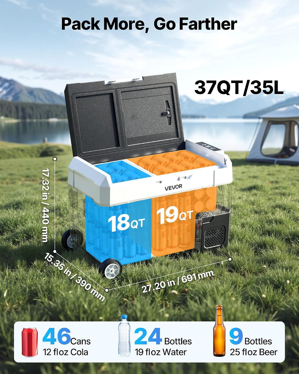 VEVOR Car Refrigerator, DC 12/24V AC100-240V Compressor Electric Cooler, -4°F to 68°F Truck Refrigerator with APP Control, Wheels & Dual Zone, 37 QT Cars Cooler for RVs, Boats, Camping, Fishing