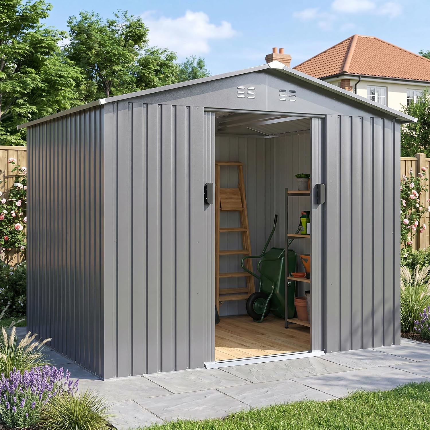 DAUSOLA 8x6 FT Outdoor Storage Shed, Metal Garden Tool Shed with Updated Frame Structure and Lockable Doors, Ideal for Backyard Garden Patio Lawn, Grey