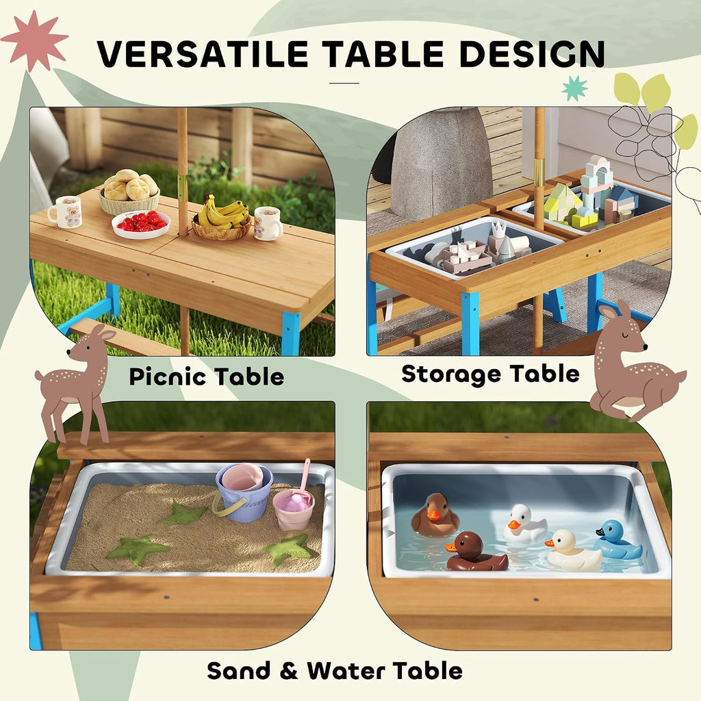 Qaba Kids Picnic Table, Wooden Table and Bench Set with Foldable Umbrella, Removable Cushions & Boxes, Dinosaur Theme Children Activity Table Outdoor Furniture for Patio, Blue