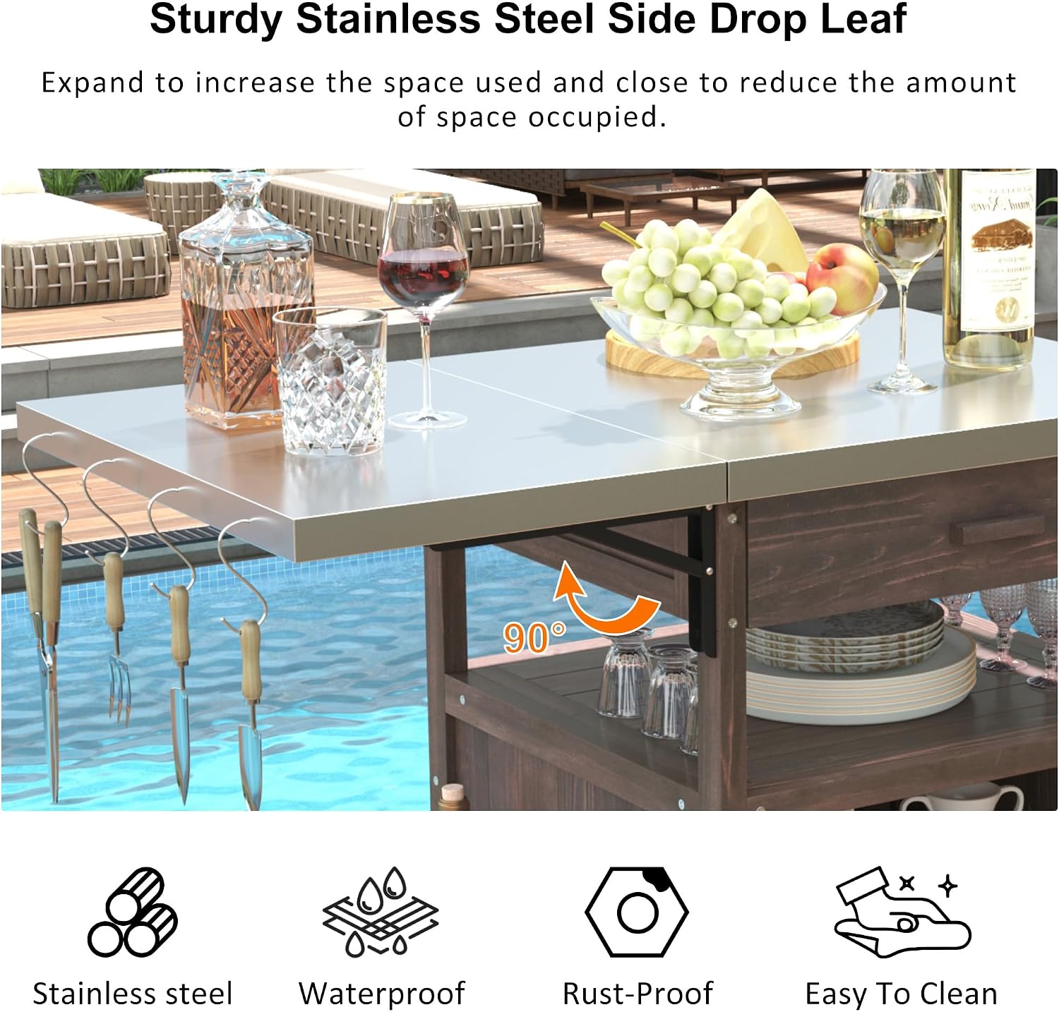 40.5' Outdoor Grill Cart with Stainless Steel Top, Solid Wood Outdoor Storage Cabinet with Drop Leaf, One Drawer, Towel Rack, Rolling Kitchen Cart with Lockable Wheels for Lawn Garden, Brown