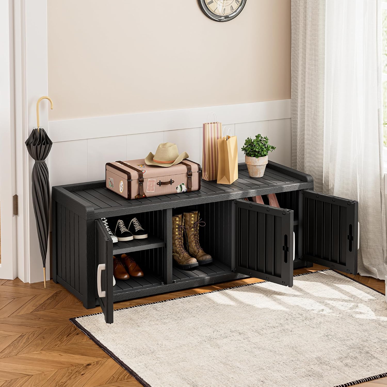 Bifanuo Shoe Storage Cabinet, 3 Door Outdoor Storage Bench with Adjustable Shelves, Waterproof UV-Resistant for Hallway, Living Room, Entryway, Large Capacity Modern Organizer (Black)