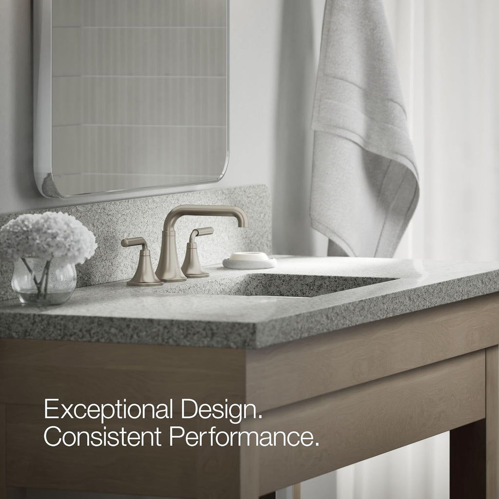 KOHLER K-27416-4-BN Tone™ Widespread Bathroom Sink Faucet, 3-Hole, Widespread Bathroom Faucets with Two Lever Handles and Clicker Drain, 1.2 GPM, Vibrant Brushed Nickel