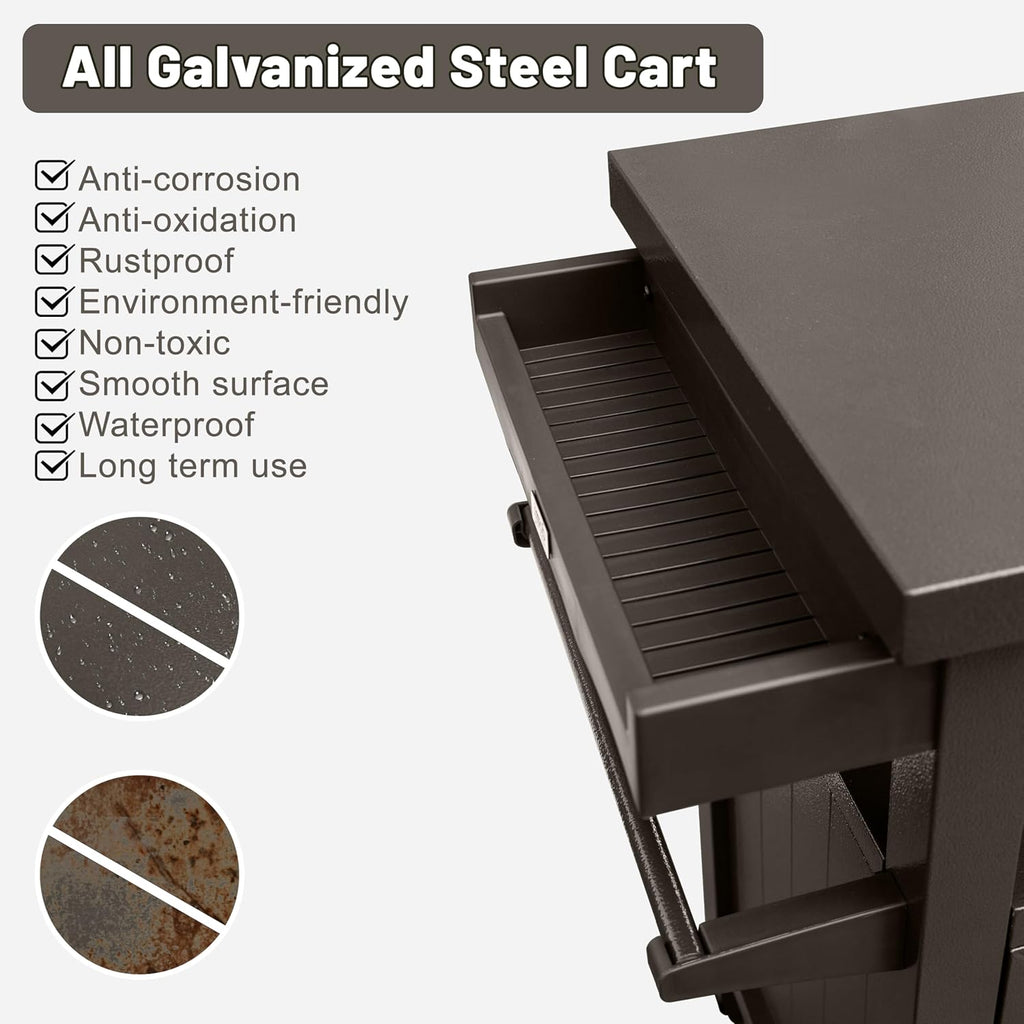 Grill Cart Outdoor with Storage Cabinet, Portable Rolling Patio Bar Cart with Wheels, BBQ Prep Table, Movable Stainless Steel Kitchen Island Dining Cart for Food/Drink/Cooking -Brown