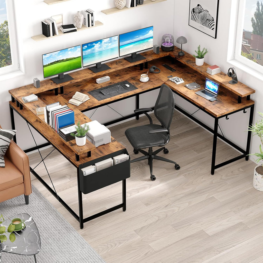 u Shaped Desk with Power Outlets & LED Lights, 79' Extra Large Reversible Corner Office Desk, Monitor Stand & Storage Shelves, Corner Computer Table Office Table with Full Monitor Stand