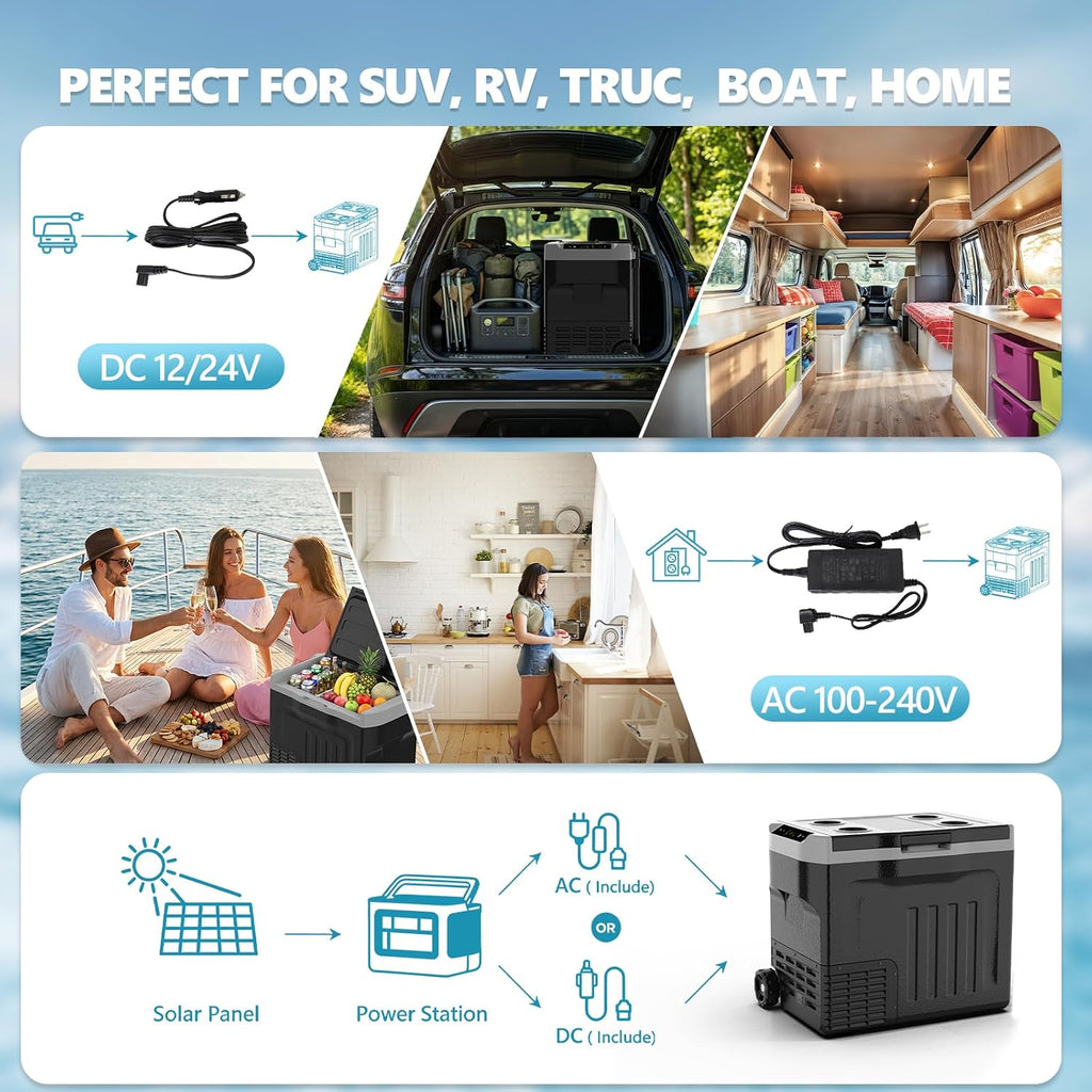 Kndko 12 Volt Car Refrigerator, 42 Quart Dual-Zone Portable Electric Cooler, Large Car Fridge with 12V/24V DC/100-240V AC Charger, -4℉~68℉, 12v Cooler with Wheels& Baskets for Road Trip, Camping