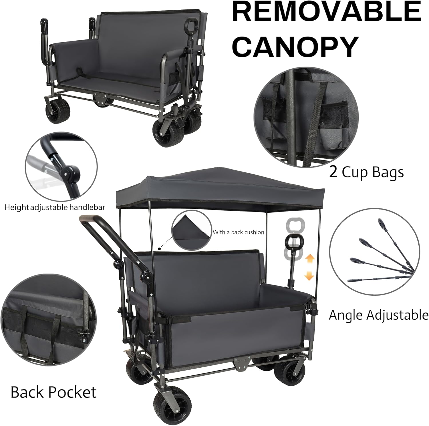 ZeHuoGe 3-in-1 Folding Wagon Cart with Bench Seat & Canopy & Storage, 500lbs Heavy-Duty, 180L Capacity, All-Terrain Wagon for Camping, Beach, Sports, & Garden (Gray)