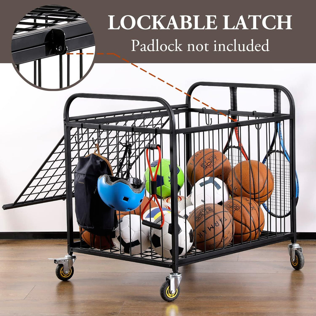 MyGift Large Capacity Metal Rolling Multi Sports Ball Cage Storage Hopper, Gym Equipment Basket Cart with Lockable Latch, Heavy Duty Caster Wheels, and 8 Accessory Hooks