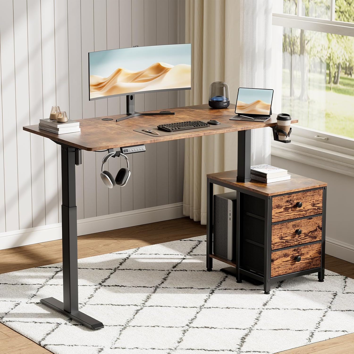 REAHOME Electric Standing Desk with Drawers, 55 x 24 Inches Height Adjustable Sit Stand Desk with Storage, 3 Memory Preset Home Office Computer Desk, Printer Cabinet Cable Management, Rustic Brown