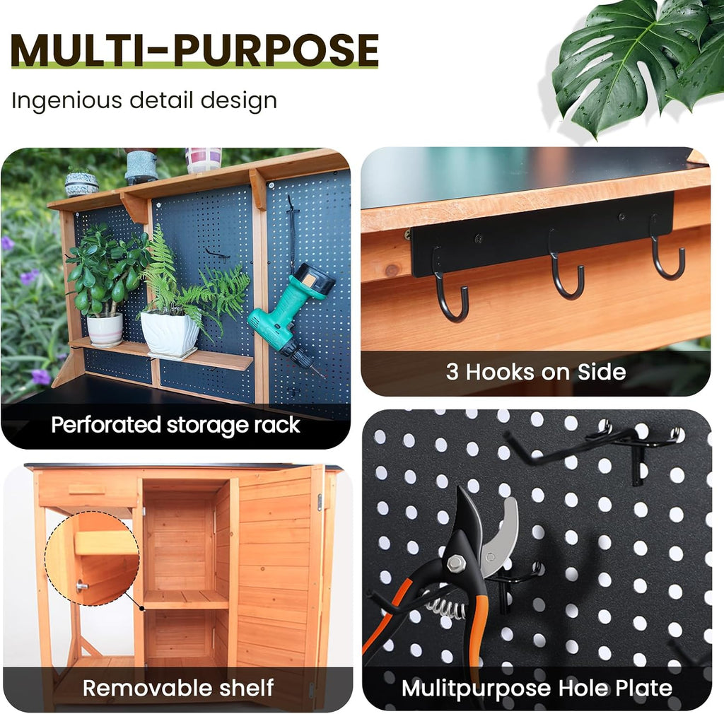 Agitree Outdoor Garden Potting Bench, Horticultural Wooden Workstation Table with Storage Drawer, Cabinet, Metal Pegboard, Adjustable Hooks and Shelves for Backyard, Patio, Greenhouse