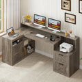 TVU Farmhouse L Shaped Desk with Drawers, 62.2' Home Office Desk with Storage Shelves and Power Outlet, L Shaped Computer Desk with Monitor Stand and Printer Shelf, Gray