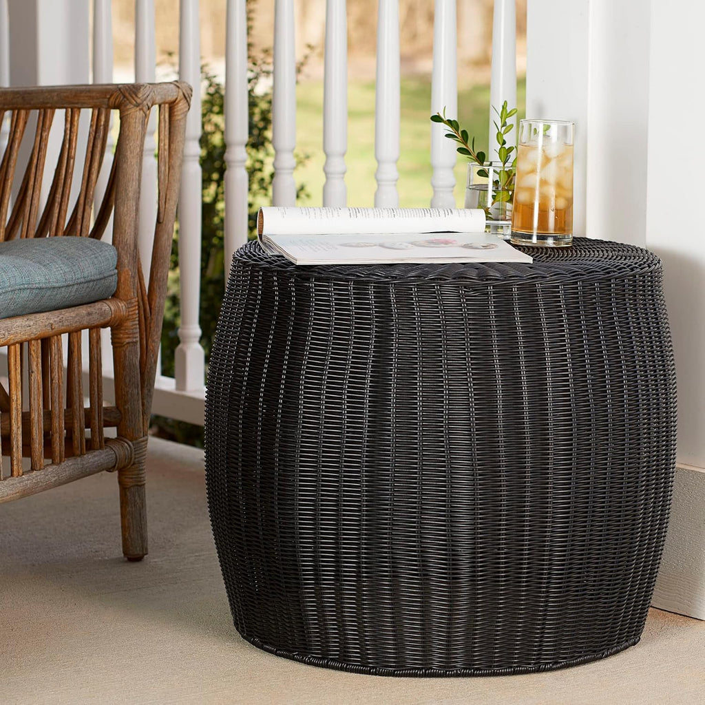 Household Essentials Handwoven Resin Barrel Side Table Storage Container, Black 18' H x 20' Dia.