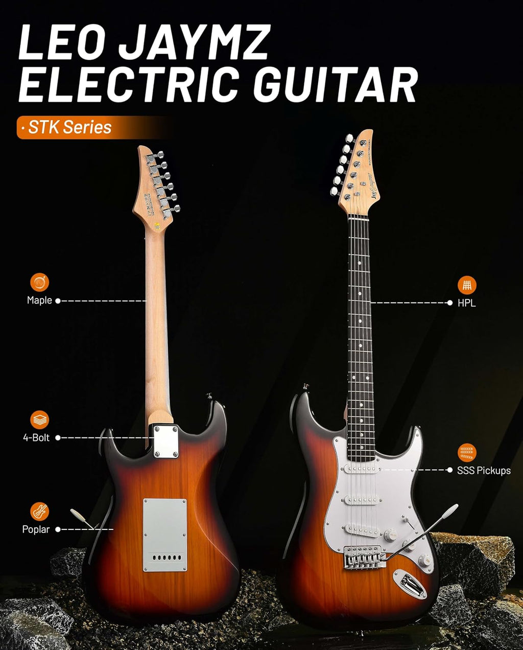 Leo Jaymz Beginner Electric Guitar Complete Kit with Portable Amp, Padded Gig Bag & Full Accessories, Maple Neck SSS Pickups (Sunburst)