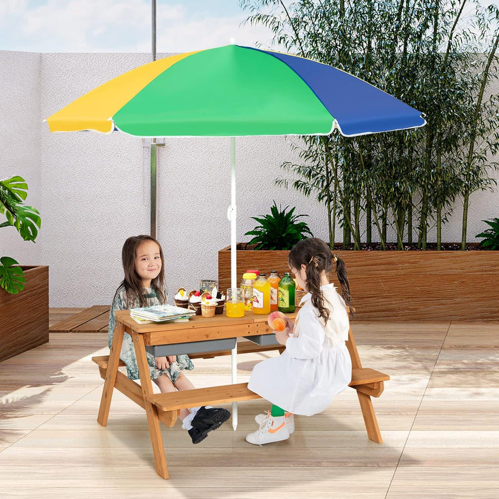 Costzon Kids Picnic Table with Sensory Bins, 4 in 1 Sand and Water Table with Height Adjustable Umbrella, Removable Tabletop, Wooden Kids Outdoor Table for Backyard Patio Play