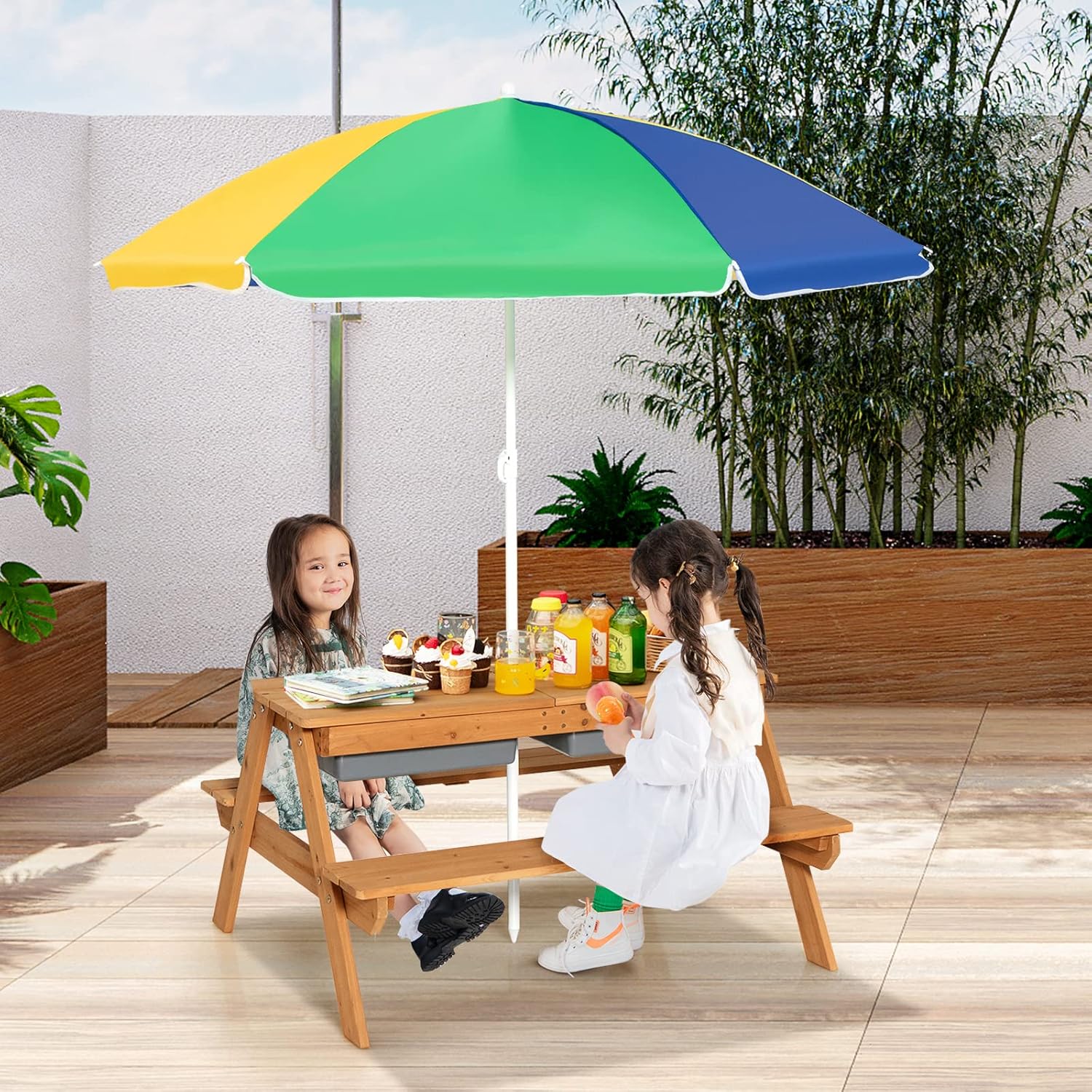 Costzon Kids Picnic Table with Sensory Bins, 4 in 1 Sand and Water Table with Height Adjustable Umbrella, Removable Tabletop, Wooden Kids Outdoor Table for Backyard Patio Play