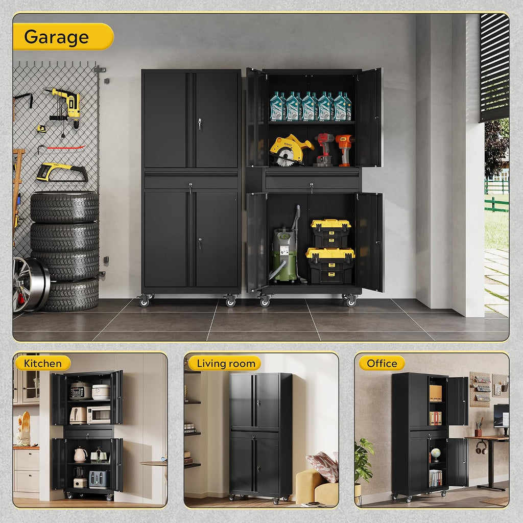 DEVAISE Metal Garage Storage Cabinet with Locking Doors and Drawer,71' Tool Cabinet with Adjustable Shelves & Wheels, 71' Steel Cabinet for Garage, Warehouse (Black)
