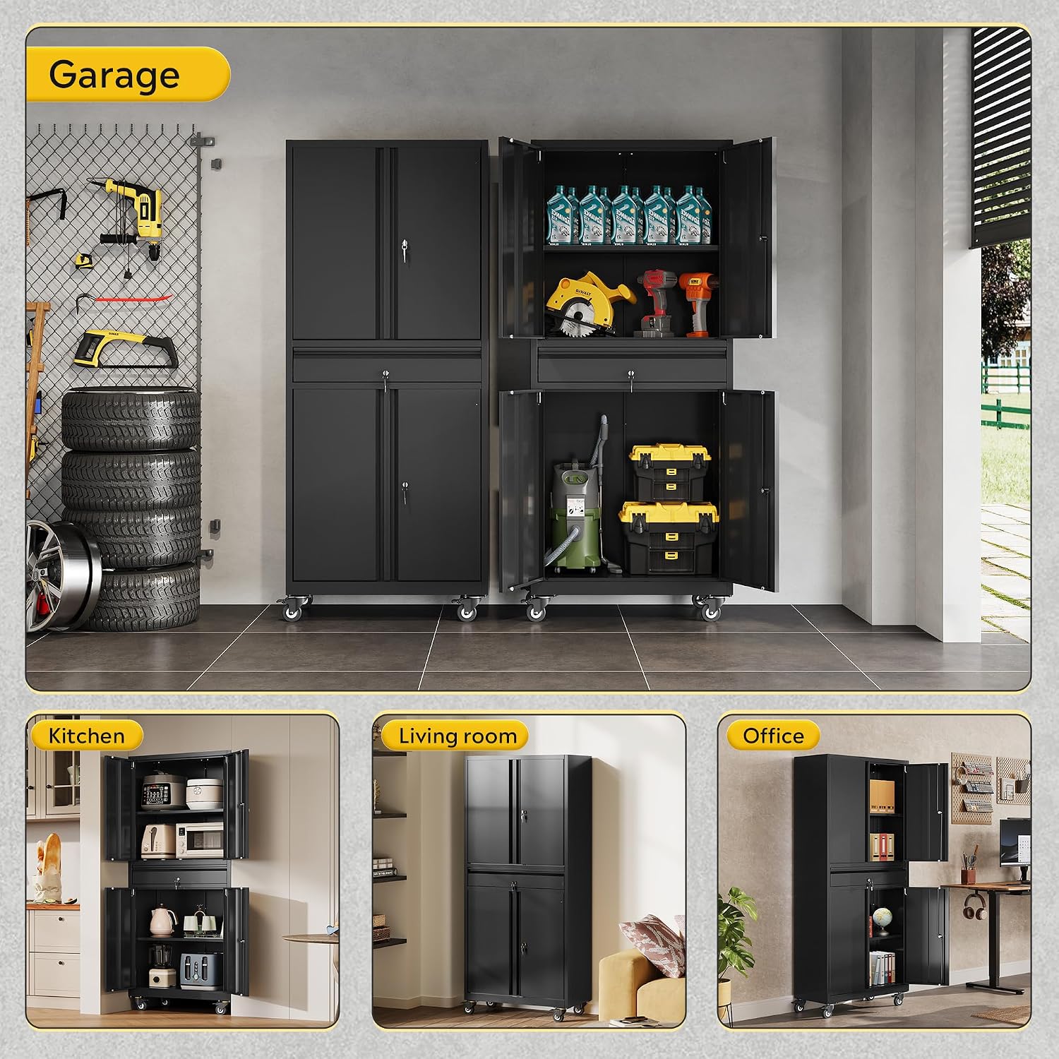 DEVAISE Metal Garage Storage Cabinet with Locking Doors and Drawer,71' Tool Cabinet with Adjustable Shelves & Wheels, 71' Steel Cabinet for Garage, Warehouse (Black)