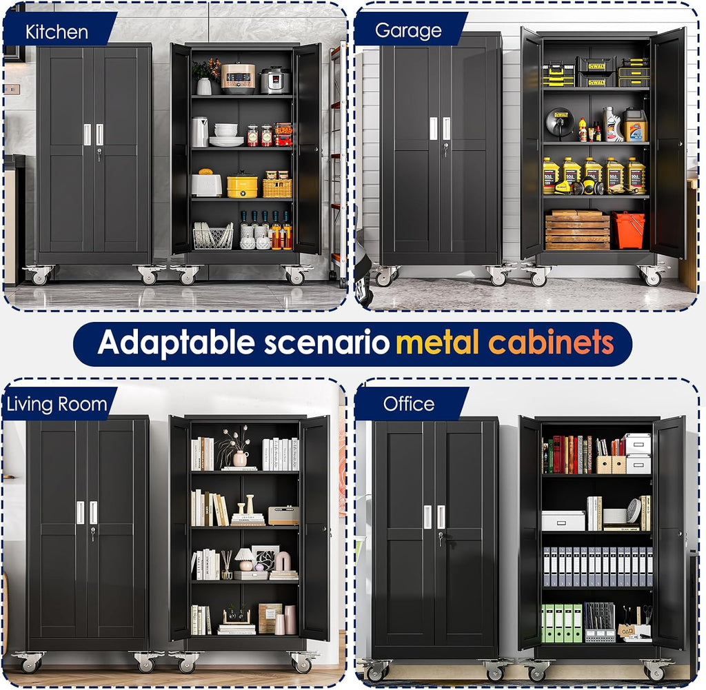 erosoei 61' H Metal Garage Storage Cabinet, Rolling Tool Cabinet with 2 Doors and Wheels, Locker Steel Cabinet with 3 Adjustable Shelves, Organization Cabinet for Garage,Office,Home,Gym,School（Black）