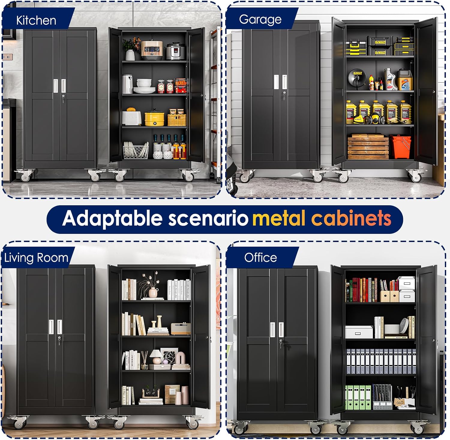 erosoei 61' H Metal Garage Storage Cabinet, Rolling Tool Cabinet with 2 Doors and Wheels, Locker Steel Cabinet with 3 Adjustable Shelves, Organization Cabinet for Garage,Office,Home,Gym,School（Black）